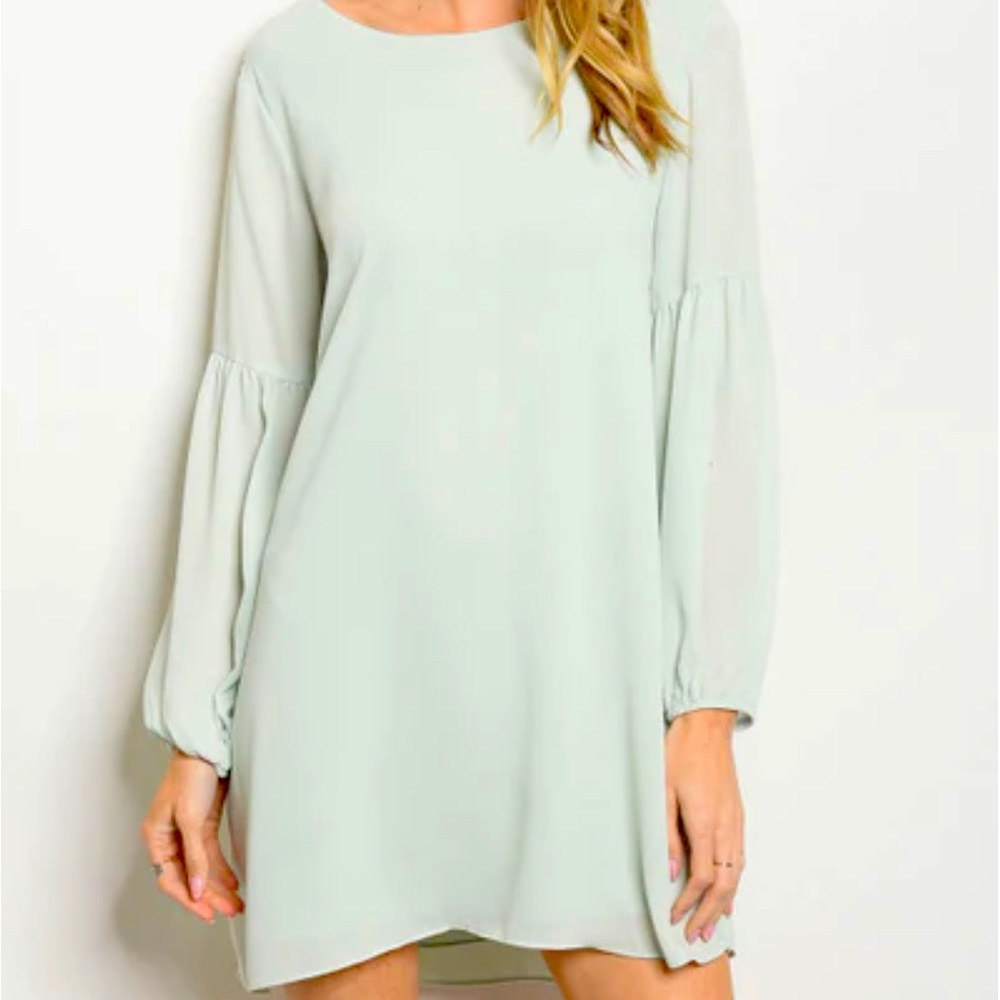 Everly Sage dress with balloon sleeves and tie detailing at neck size small.